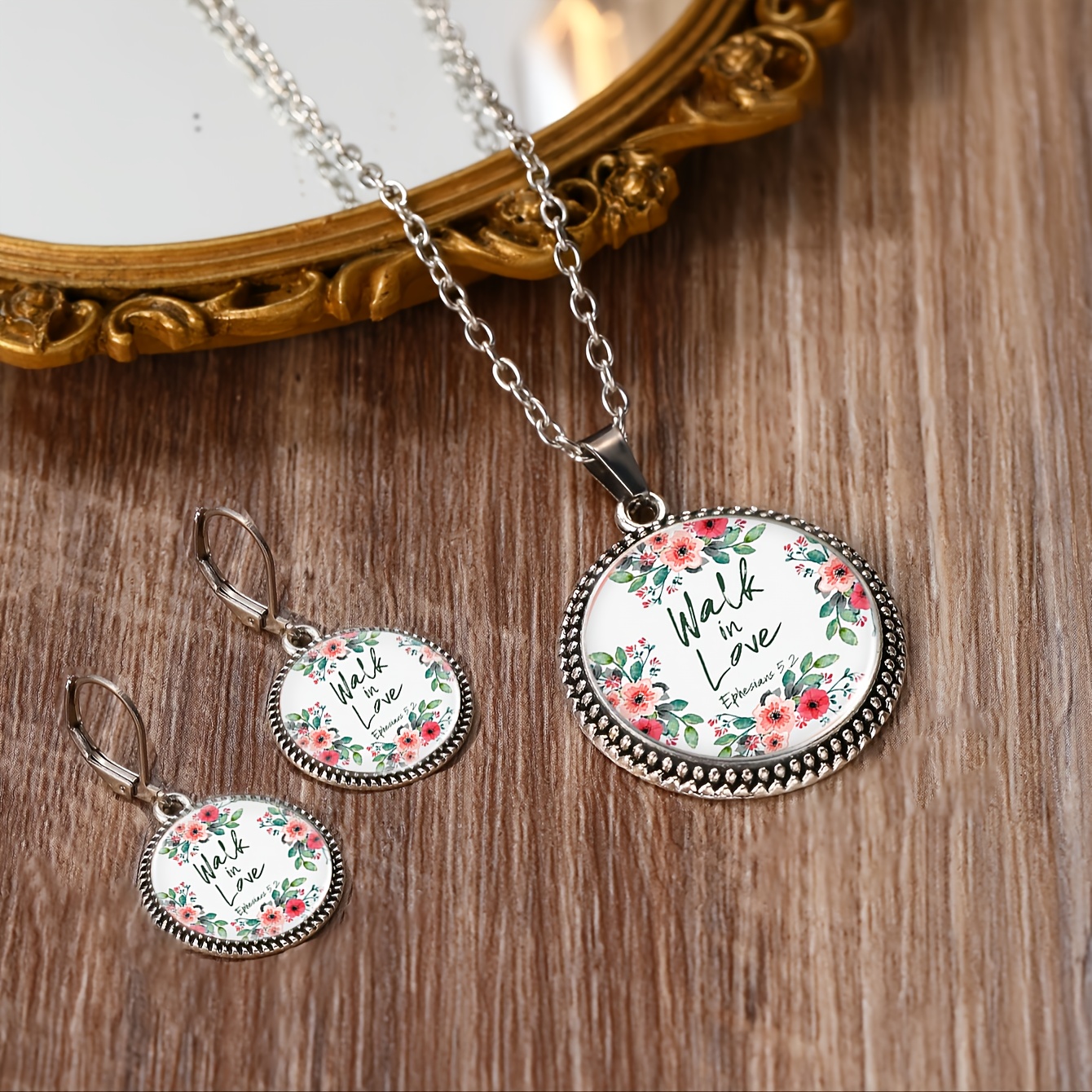 3pc Floral Pattern Round Glass Classic Jewellery Set for Women