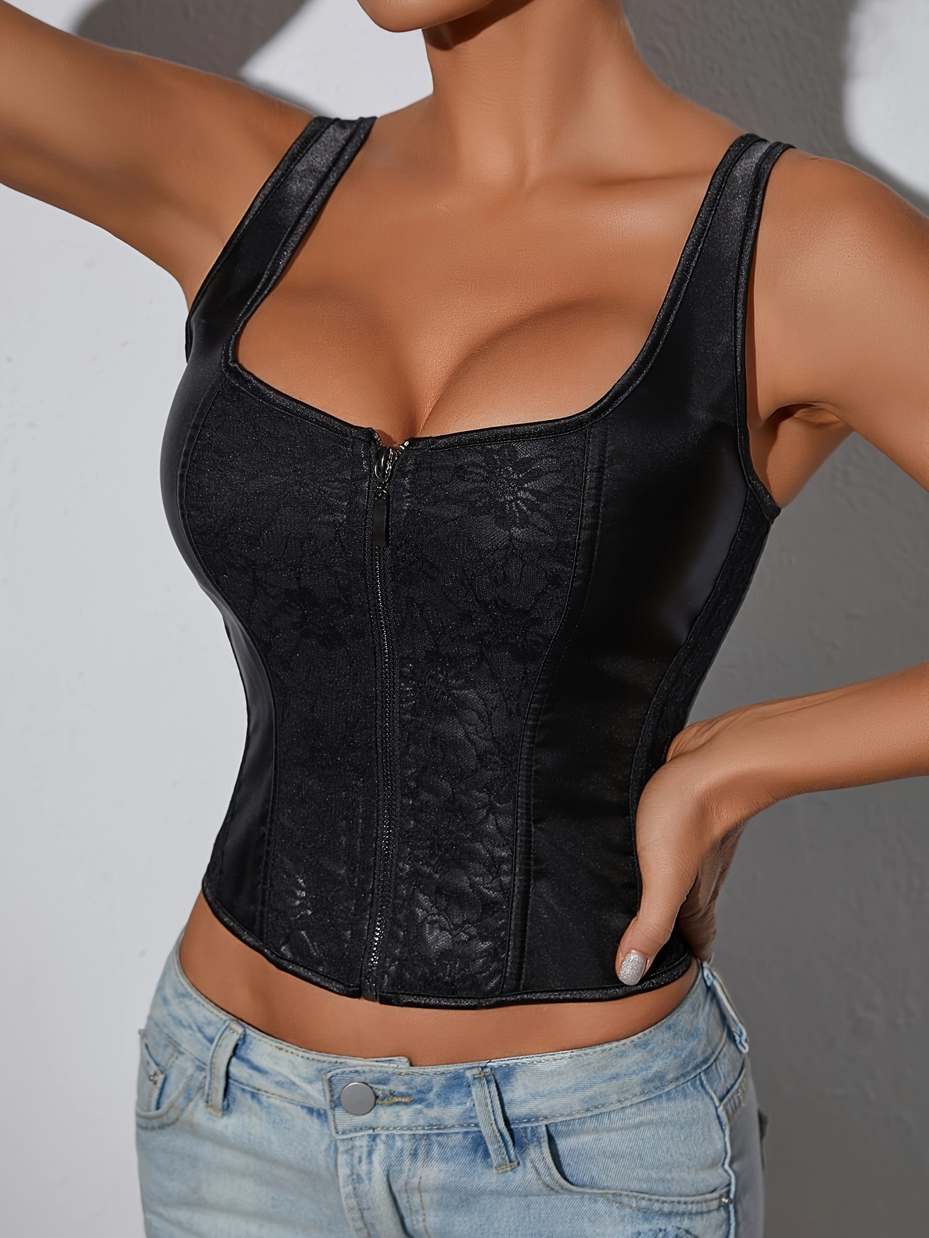 Mesh Stitching Corset Top Sexy Solid Button Front Black Crop - Temu Canada