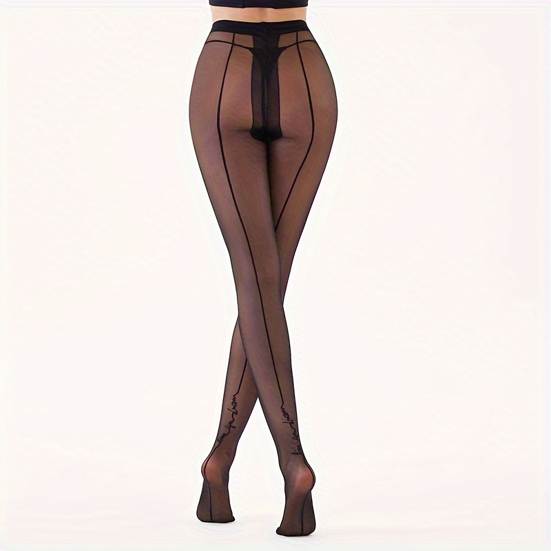 

1 Pair Of Chic Women's Sexy Black Sheer Tights With Letter Jacquard Detail - Nylon & Spandex , Hand Washable, High-waisted With Elegant Backseam Design