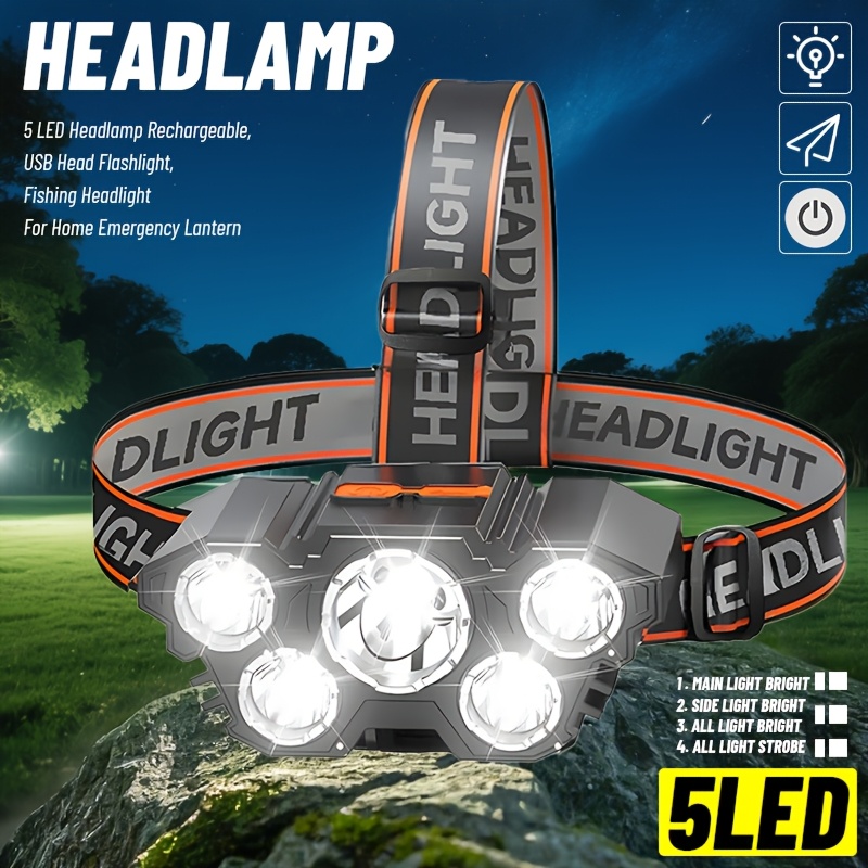 1pc 5 LED Headlamp Rechargeable, USB Head Flashlight, Camping And Fishing Headlight For Home Outdoor Emergency Lantern Christmas Gift