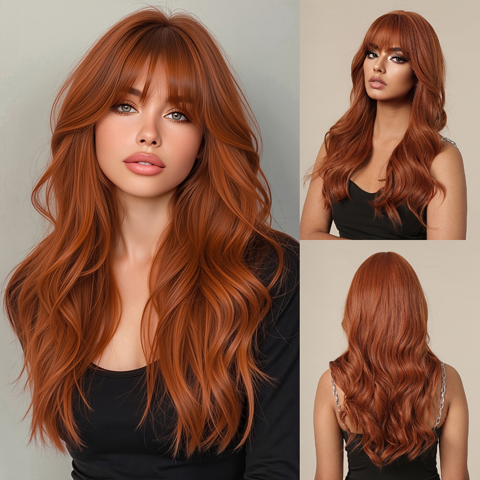 E-shop Eine 26-Zoll Damen Perücke in leuchtendem Orange, Air Bangs, lang, lockig, große Welle, vollständig, auffällig und vielseitig, geeignet für