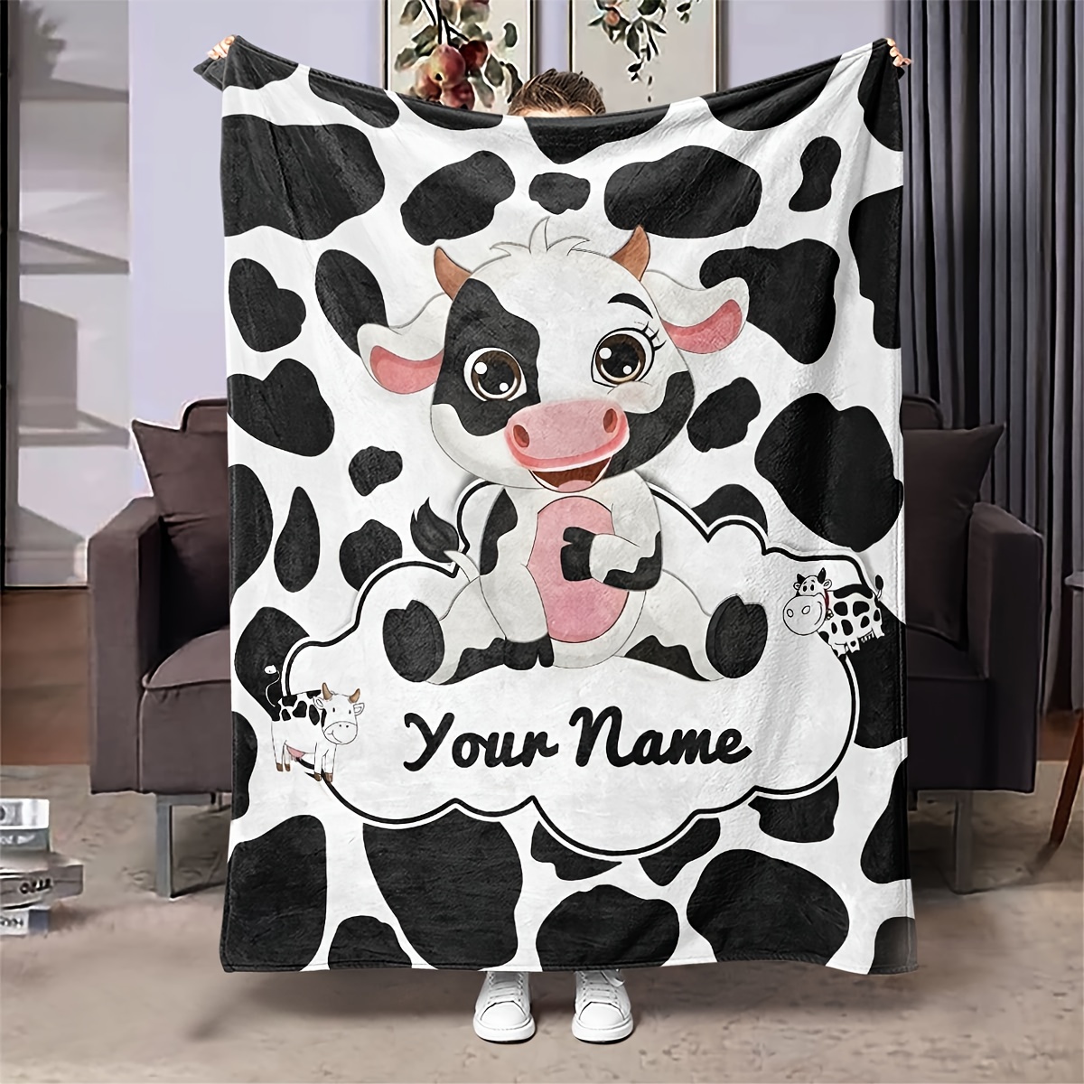 

Customizable Cartoon Cow Print Flannel Blanket - Soft, Warm & Cozy For All Seasons - Perfect Gift With Personalized Text Option