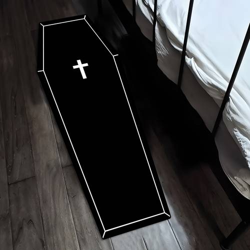 a black halloween coffin rug durable and machine washable suitable for indoor use bedroom living room kitchen and laundry room decor this halloween coffin rug a festive decorative gift and is perfect for home party supplies