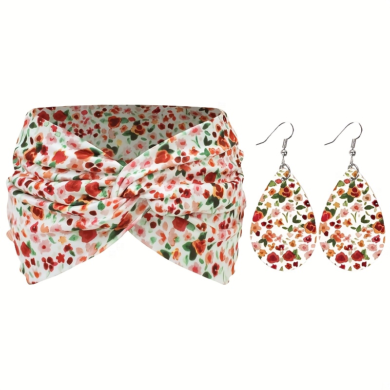 E-shop 2-teiliges/Set Frühling Sommer Neuer Stil 1 Stück Stirnband und 1 Stück Ohrringe Set, Bedrucktes Mode Damen Haarband und Ohrringe, Geeignet für