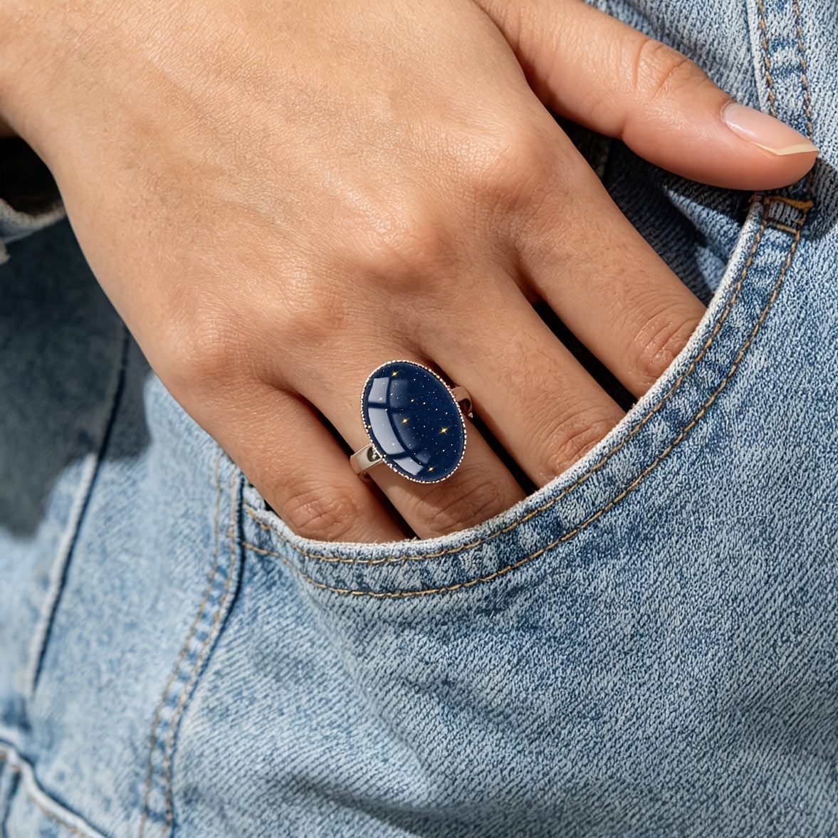 Women's Deep Blue Night Sky Starry Pattern Open Ring