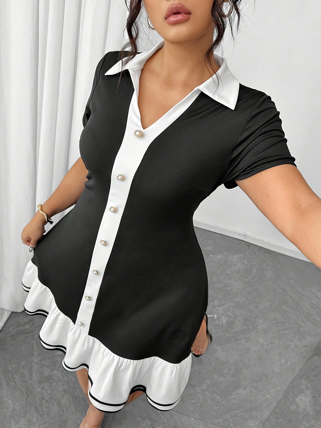 plus size plus size womens v neck black white contrast - Temu Mauritius