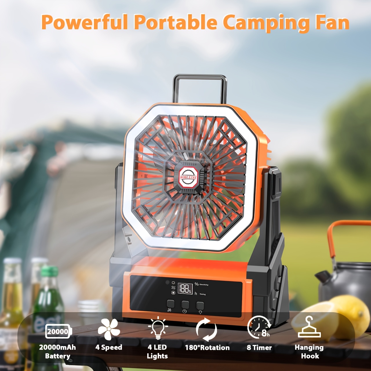 TEMU Portable Fan Rechargeable, 10000mah Cordless Battery Powered Fan With Led Lantern, Rotation Usb C Battery Operated For Travel Camping Tent Office Home Beach Desk Fishing Outdoor,