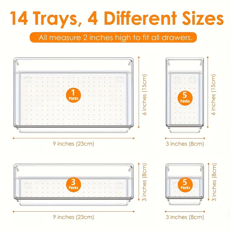 lot de 25 boîtes de rangement en plastique transparent, plateaux organisateurs empilables multi-tailles pour salle de bain, cuisine, tiroir, organisation de camping-car, polyéthylène téréphtalate, accessoires de décoration intérieure, pile requise détails 3