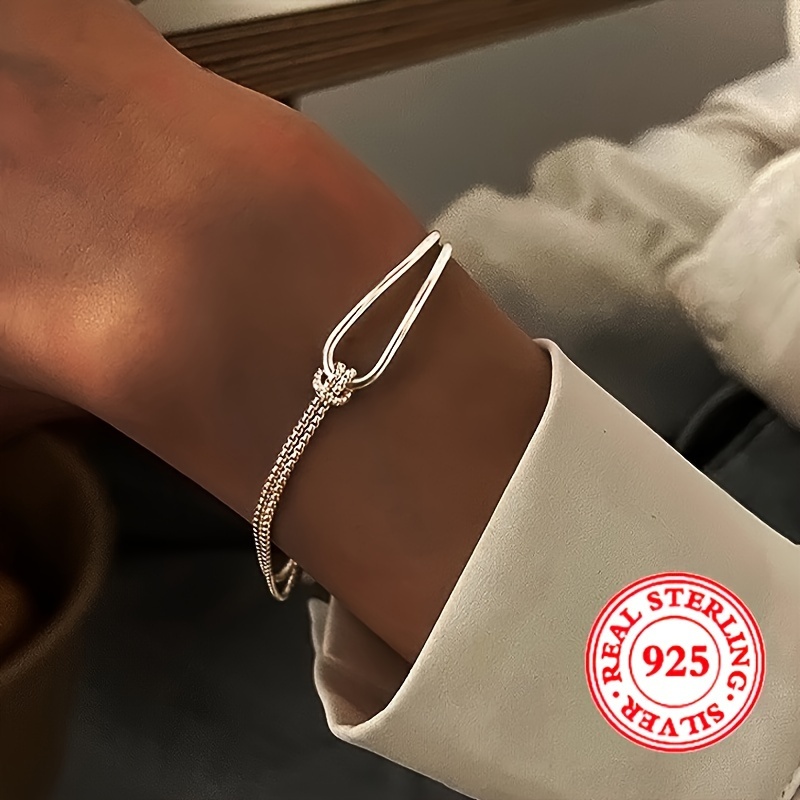 

925 Sterling Silver Geometric Bracelet For Women, Boho Elegant Style, Minimalist Twist Knot Cuff, Party Gift Jewelry, Valentine's Day Holiday, All Season Accessory