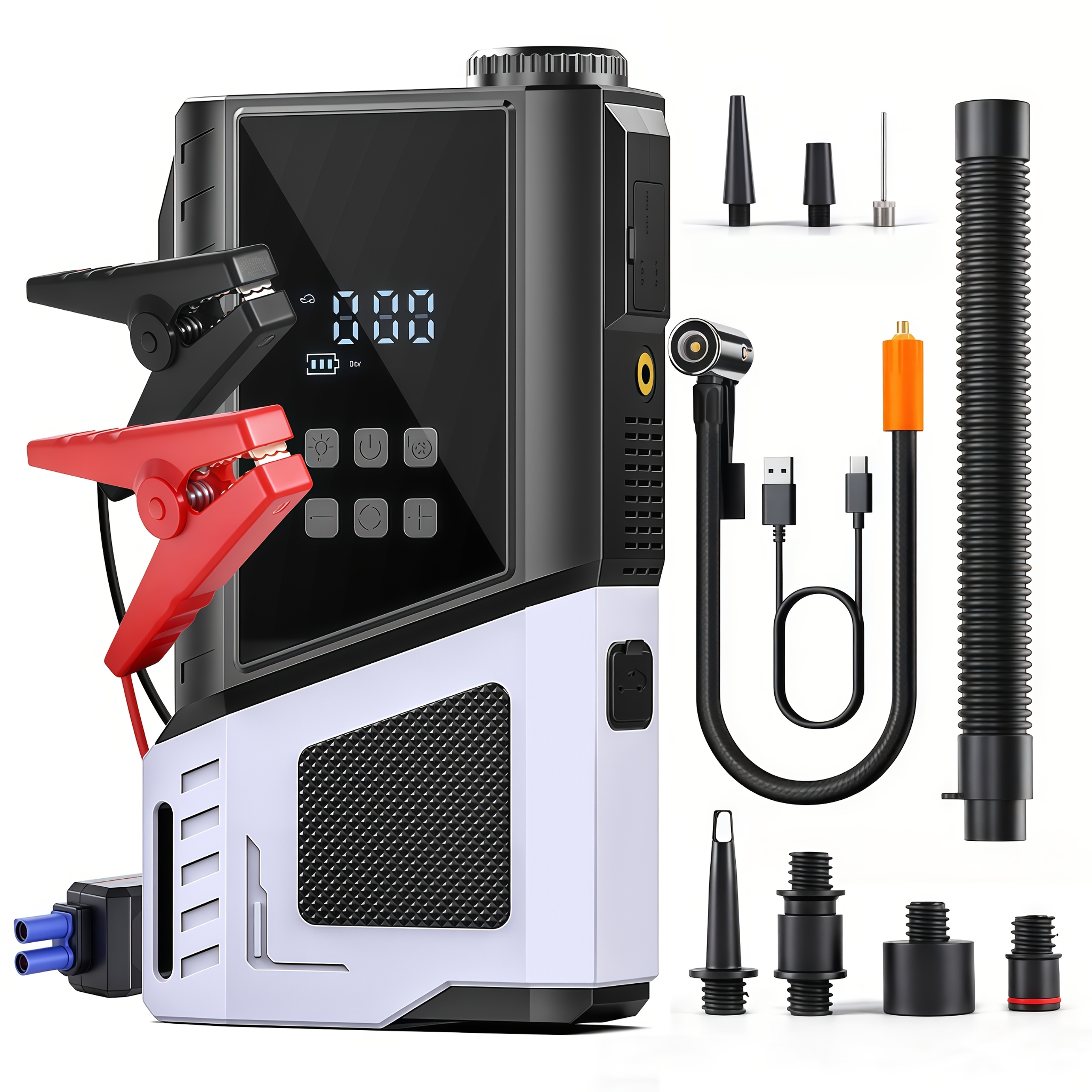 TEMU Démarreur de voiture portable haute 29,6 Wh, compresseur d'air et gonfleur de pneu intégrés, bloc d'alimentation multifonction 9-en-1, prend en