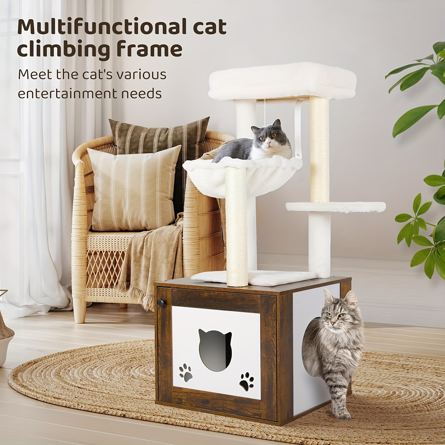 

Deluxe 2-in-1 Cat Tree With Integrated Litter Box Cabinet - Wood , 43" Tall, Multi-level Platforms & Scratching Posts, Removable Plush Nest & , Washable Cushions, Spacious & Sturdy For