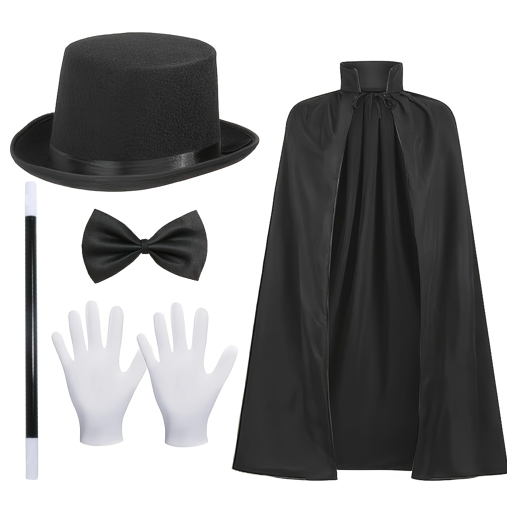 TEMU Ensemble de costume de fête magique 5 pièces - Comprend un chapeau noir, une cape, un nœud papillon, une baguette et des gants blancs - Convient