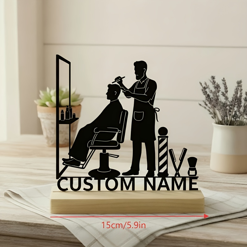 TEMU 1pc Customizable Barber Theme Name Tag, Hair Salon Desktop Decoration Ornament, Sign For Hairdressers, Wooden Base Table Decoration, Bedroom,