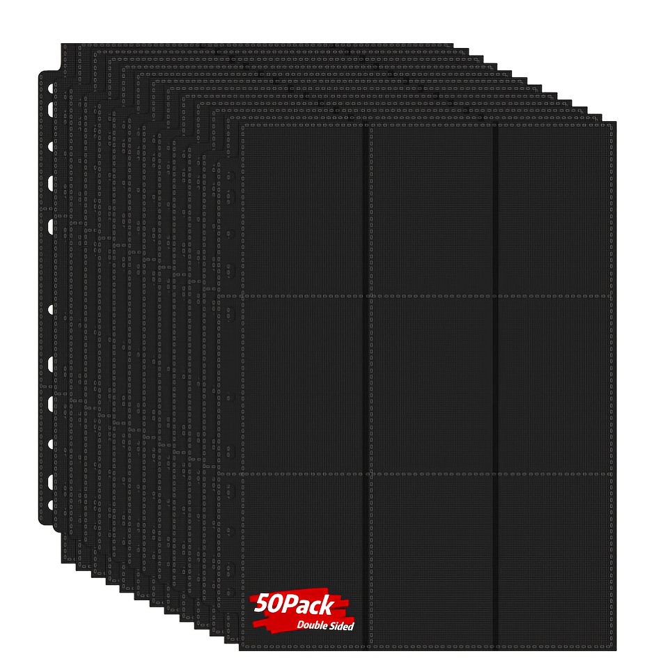 

50-pack Double-sided Black Trading Card Sleeves - 400/900 Pockets Binder Sheets For Mtg, Baseball, And Gaming Cards - 9-pocket Side Loading Page Protectors, Accessories For Age 14+ - Pp Material