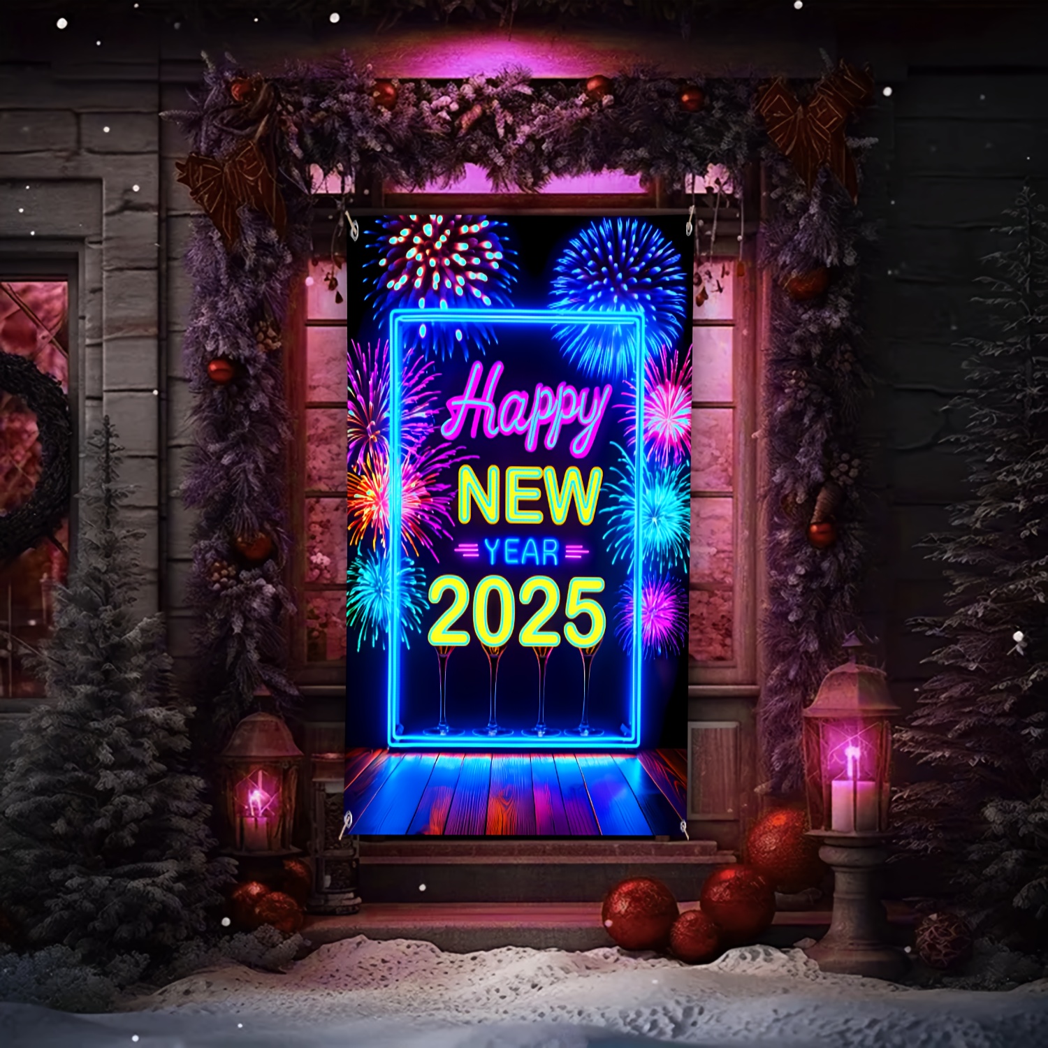 

2d Door Banner Happy New Year 2025 Fireworks Door Curtain, Uv Light Glow, Fluorescent Christmas Banner, 100% Polyester, Indoor & Outdoor Decor, No Power Needed, Multipurpose Use