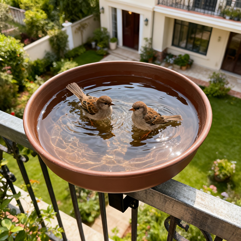 Outdoor Deck Bird Bath, Featuring Adjustable Black Clamps, Suitable For Backyard Bird Bathing & Feeding, Designed For Railings, , Fences, And Garden Art Decorations