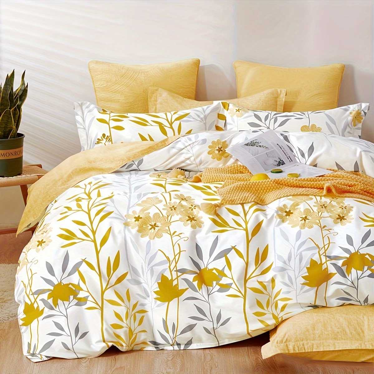 

Sleepbella Duvet Cover, 400 Cotton Grey Branches And Yellow Flower Reversible Comforter Cover