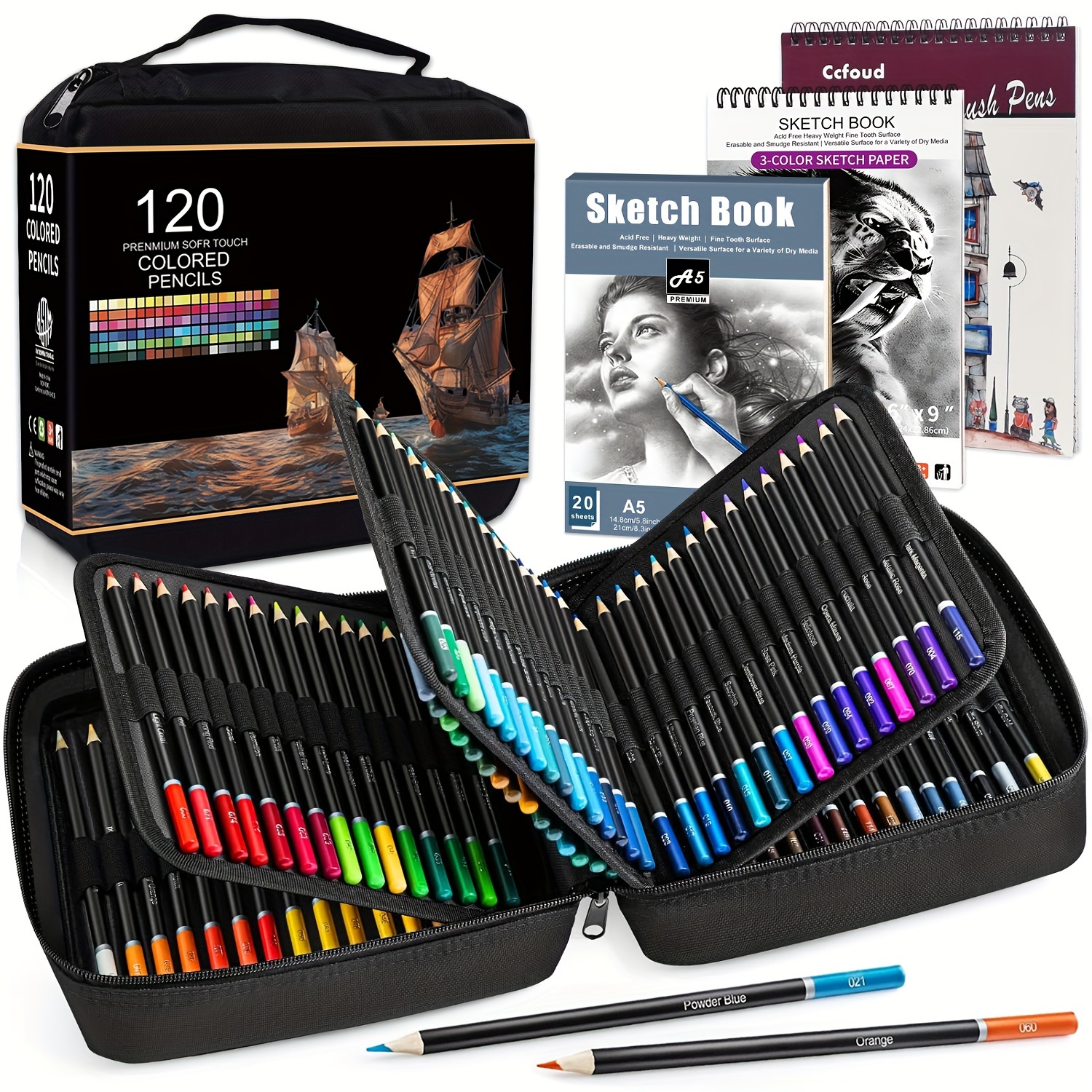 

120 Pack Colored Pencils Set With Portable Case, 3-color Sketch Book, Coloring Book, Sketchbook, Soft Core, Professional Art Pencil Set For Advanced Artists And Hobbyists For Coloring - Ccfoud