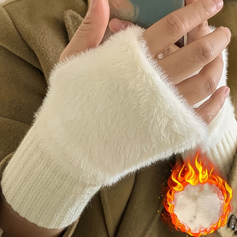 Soft & Warm Fingerless Gloves - Stylish Elegant Plush Splicing Knit Gloves for Autumn Winter with Coldproof Elastic Wrist Cover details 1