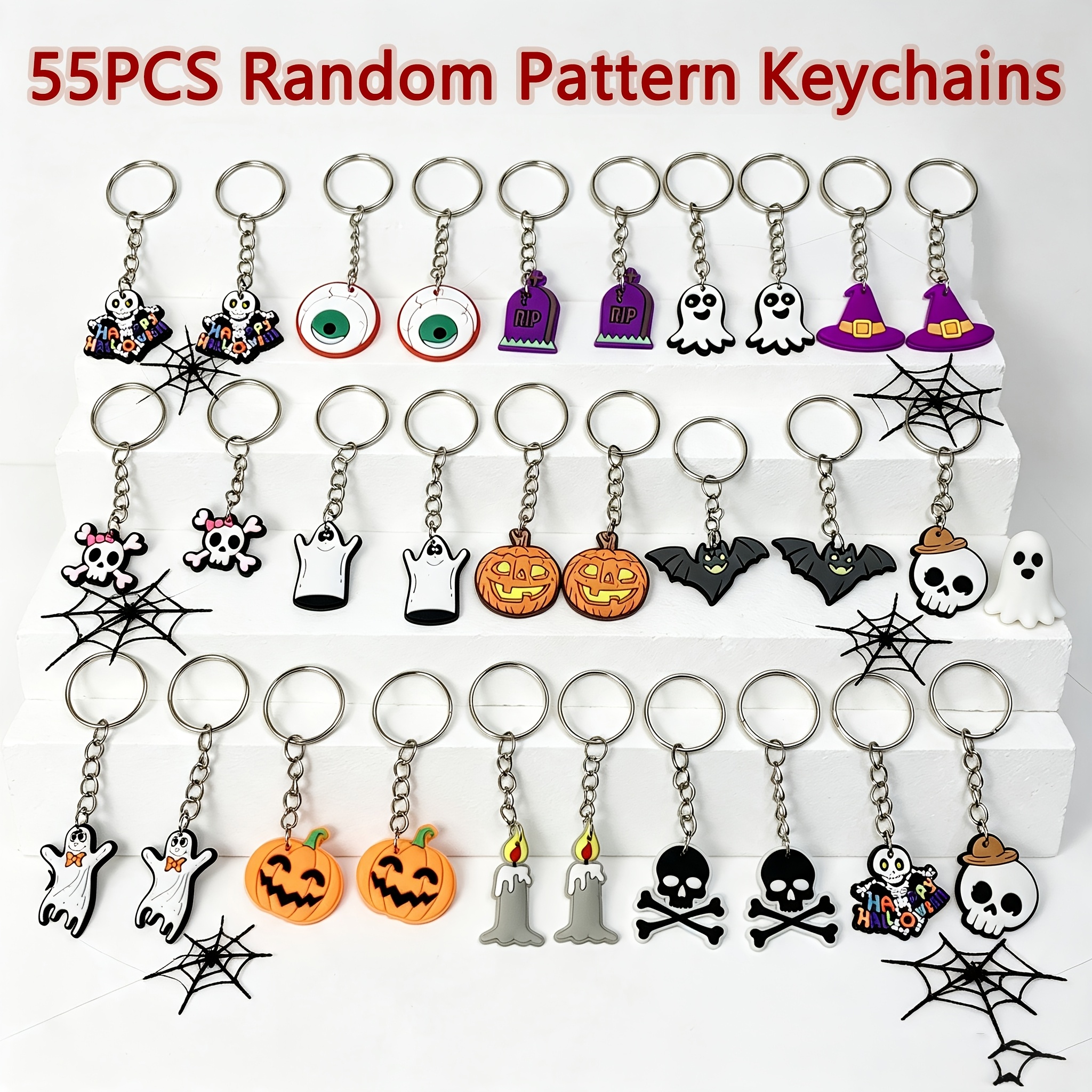 TEMU 2d Flat, 55pcs Halloween Keychains, 2d Flat Anime Halloween Keychains, Random Pattern Keychains, Including Pumpkin,, Bat, , Tombstone, Hat,