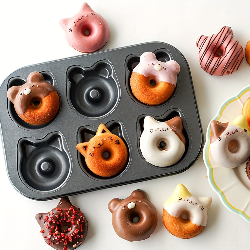 

1pc Donut Pan With Cat And Bear Shapes, Cartoon Animal Mini Donut Maker For Baking, Oven Safe, Thanksgiving Occasion, Rectangle Item Shape - Holds 6 Donuts