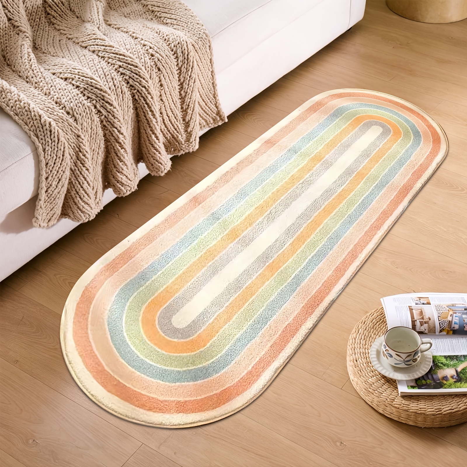 1pc Plush Rainbow Striped Area Rug - Soft, Machine Washable Carpet For Bedroom, Living Room, And Home Decor