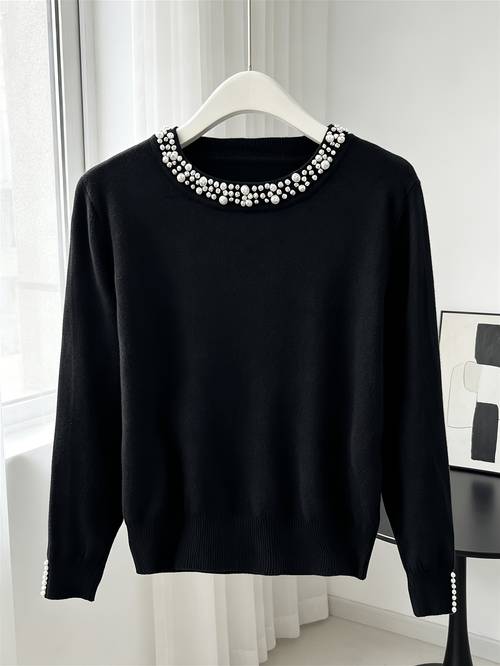 women heavy beaded sweater solid color round neck long sleeve compatible base layer top medium stretch suitable for layering elegant suitable for hand washable versatile sweater
