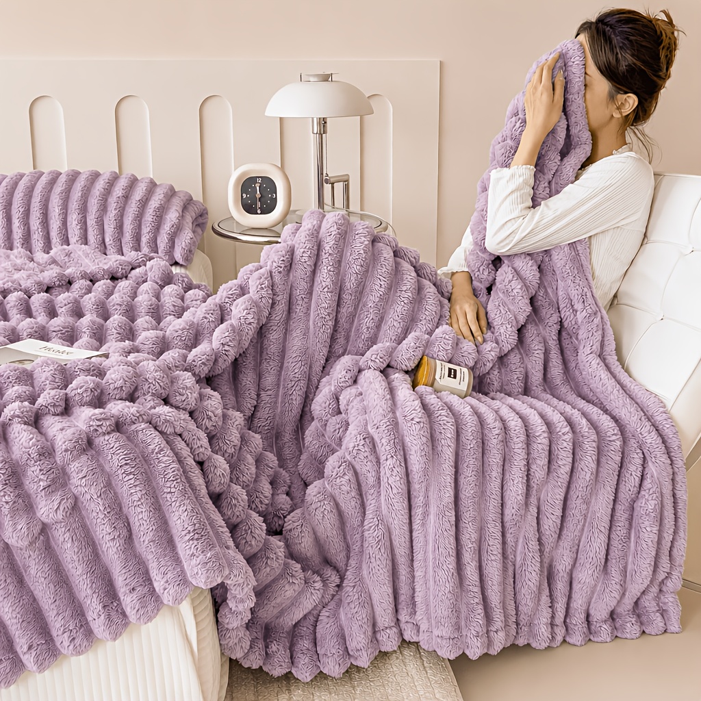 TEMU 1pc Solid Color High Grammage Striped Fleece Blanket, Throw Blanket, Minimalist Style High Aesthetic, Soft And Smooth Texture, Good , Suitable