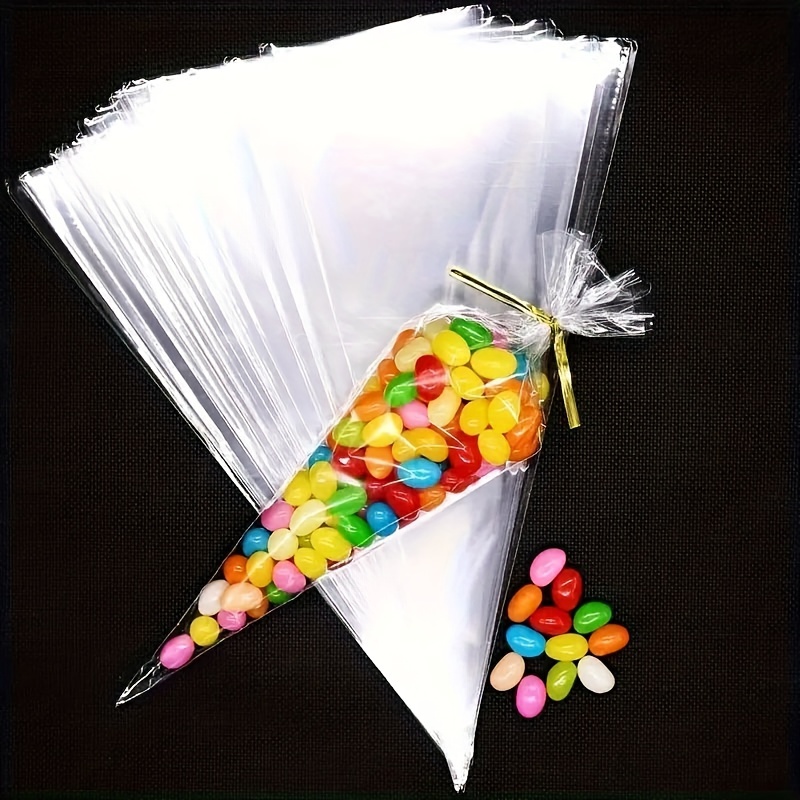 

50pcs, Transparent Triangle Candy Packaging Bag Party Popcorn Ice Cream Cone Bag, Food Packaging Bag, Packaging Bag, Baking Shop Supplies, Baking Supplies, Party Supplies, Holiday Supplies