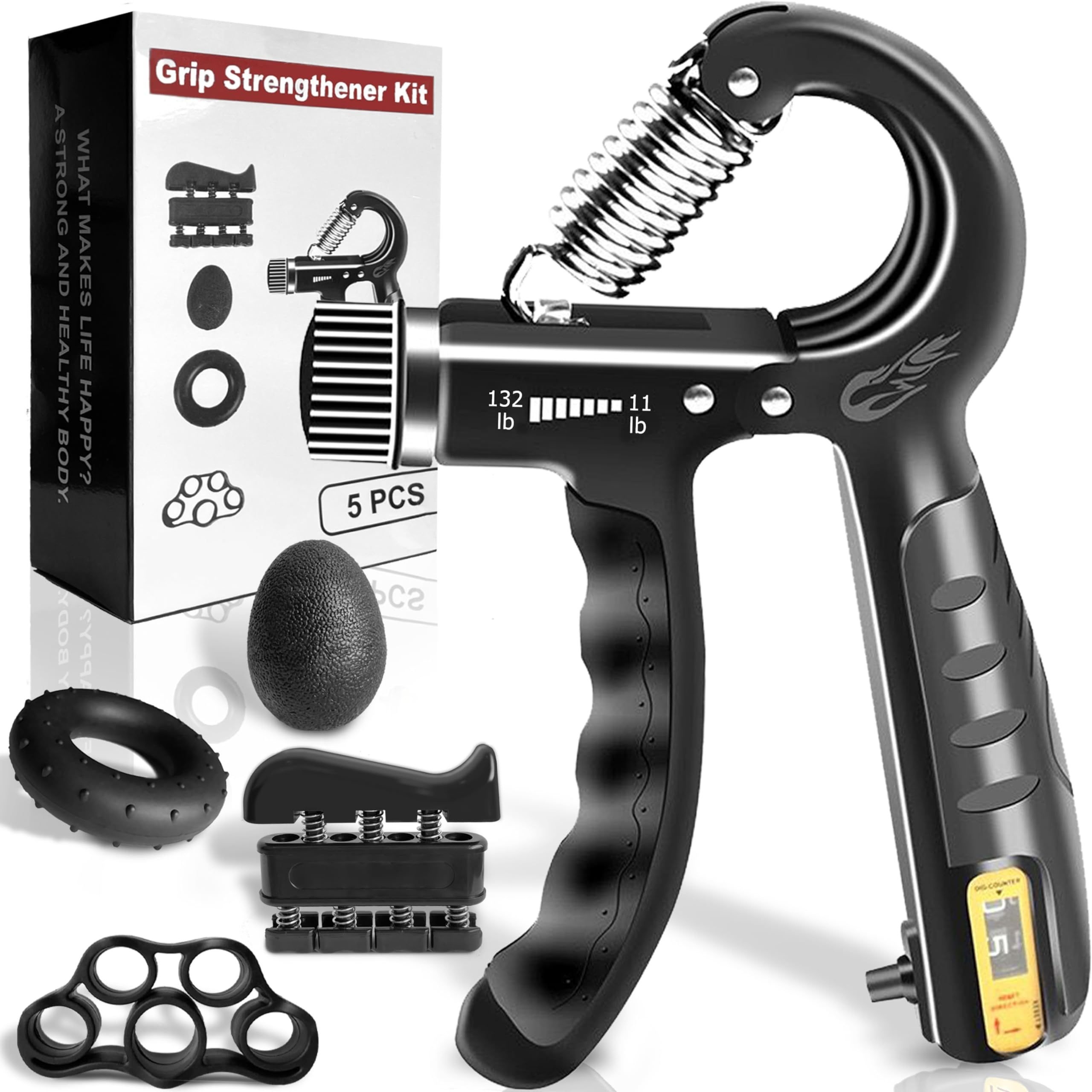 Grip Trainer Kit (5pcs), Forearm Enhancer, Hand Grip Adjustable Resistance, Finger Stretcher, Grip Ring, Relief Ball and Male and Female Finger Exerciser, Injury Recovery