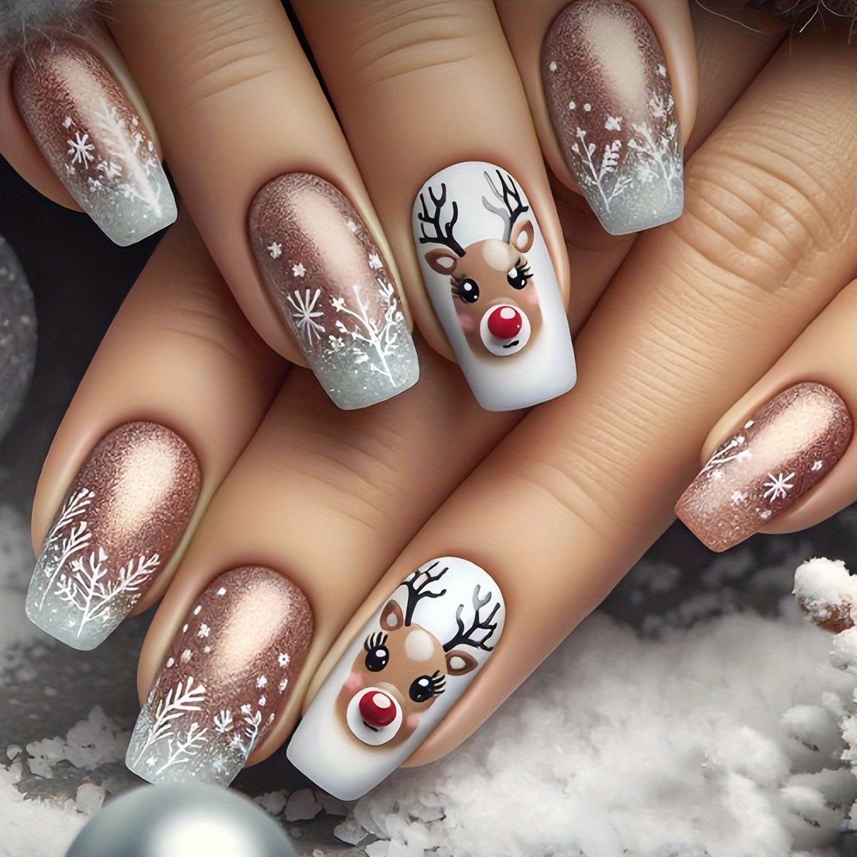 TEMU Upgrade Your Look - 24pcs Press-on Nail Set, With Christmas Reindeer And Snowflake Patterns, Sweet & Desirable Aesthetic, Look, Brightening