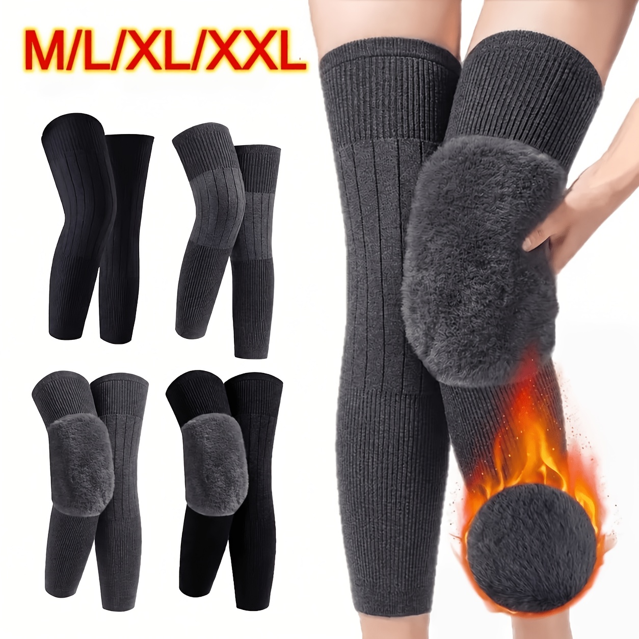 TEMU 1 Pair 8mm Thickened Winter Knee Warmers For , Extra Long Plush Fleece Lining, Pull-on Design Without Straps, Cozy Knee & Calf Coverage For Cold