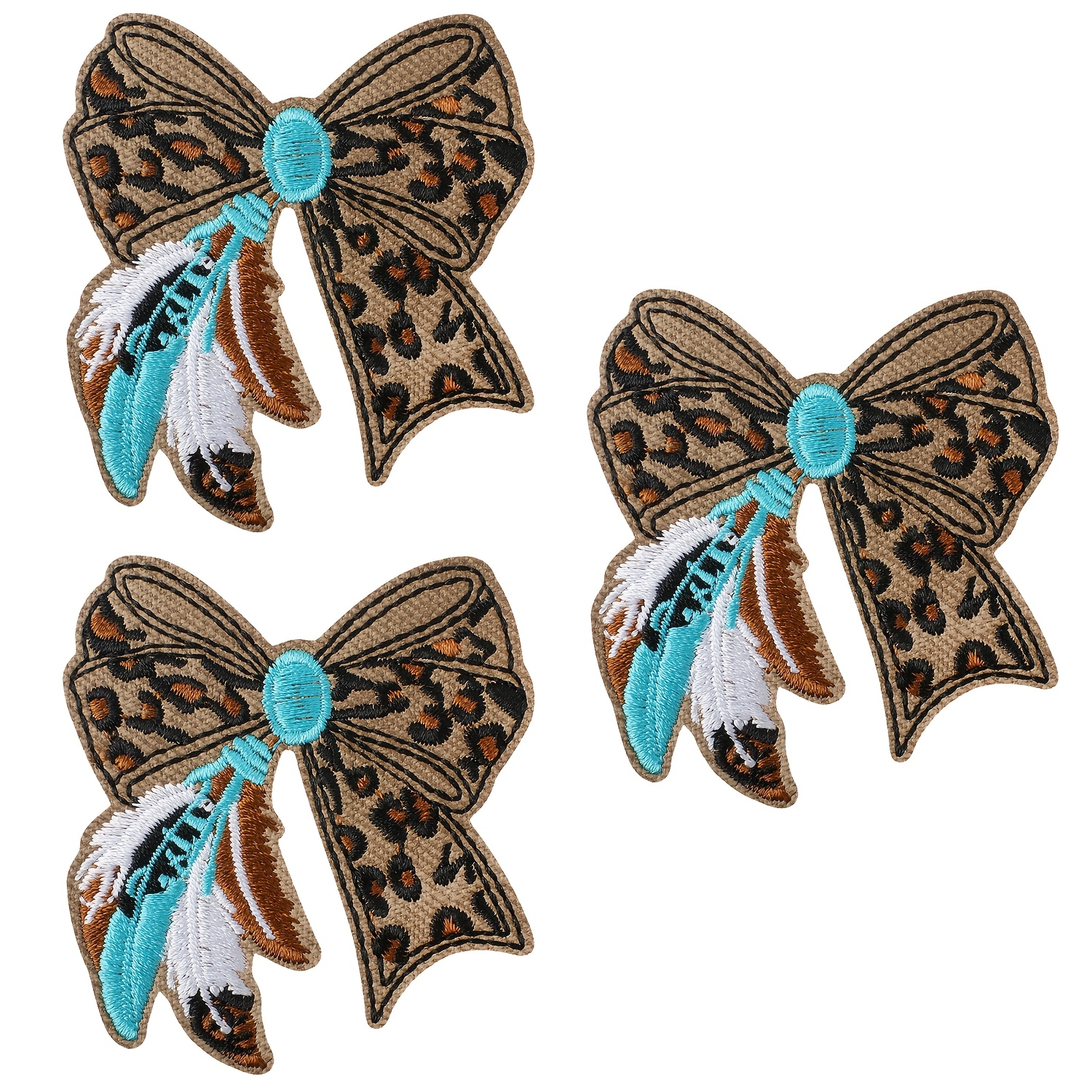 TEMU 3pcs Western Style Leopard Print Bow Embroidered Patches, Leopard Bow + Feather Fabric Patches, Suitable For Diy Apparel/backpacks/hats Creative