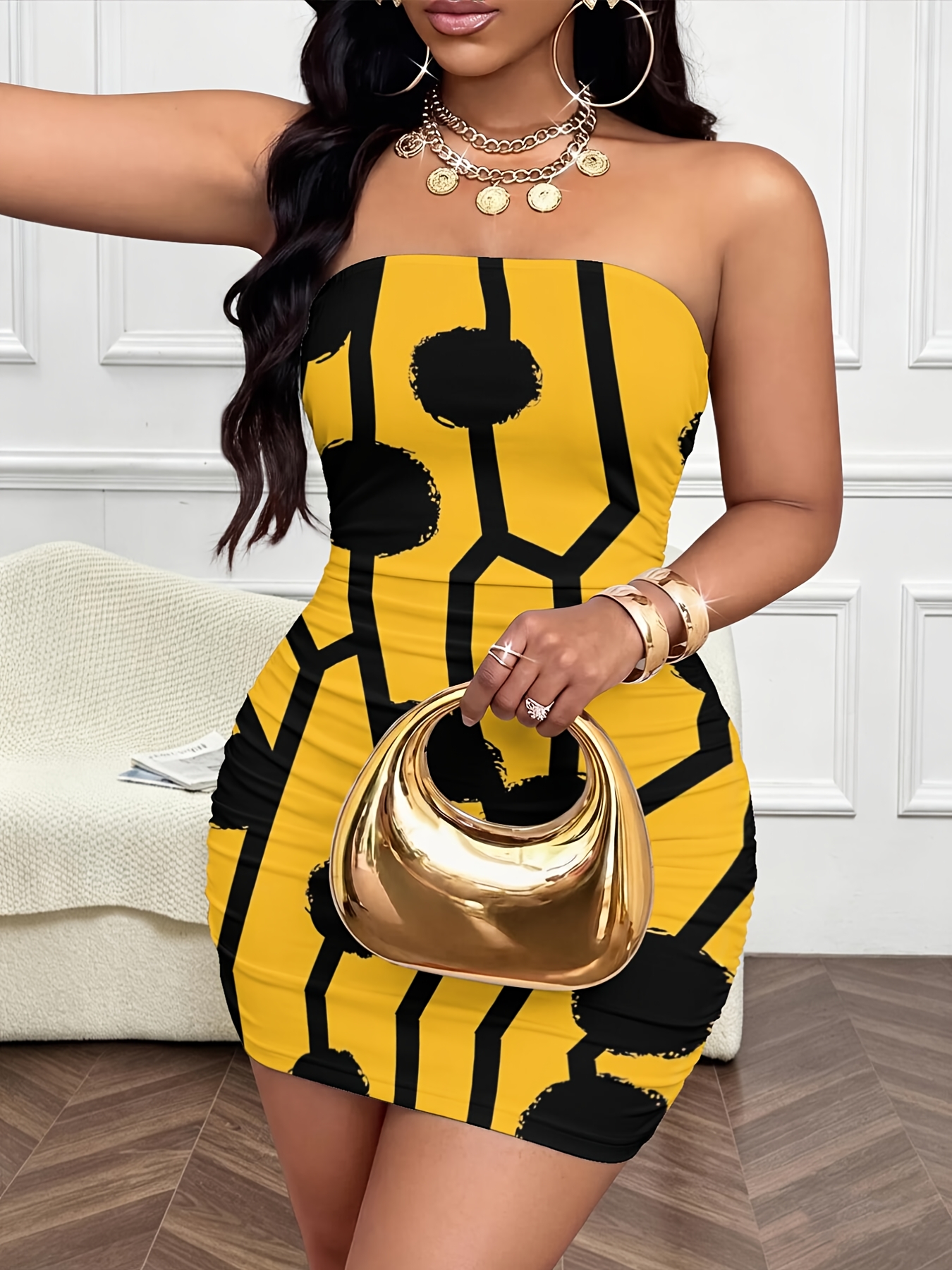 yellow and black dress for women Gold yellow black stones women\'s competition dew shoulder long sleeves  performance stage long length full skirted ballroom dresses-  Material:microfiber and spandex Content: only dress wit