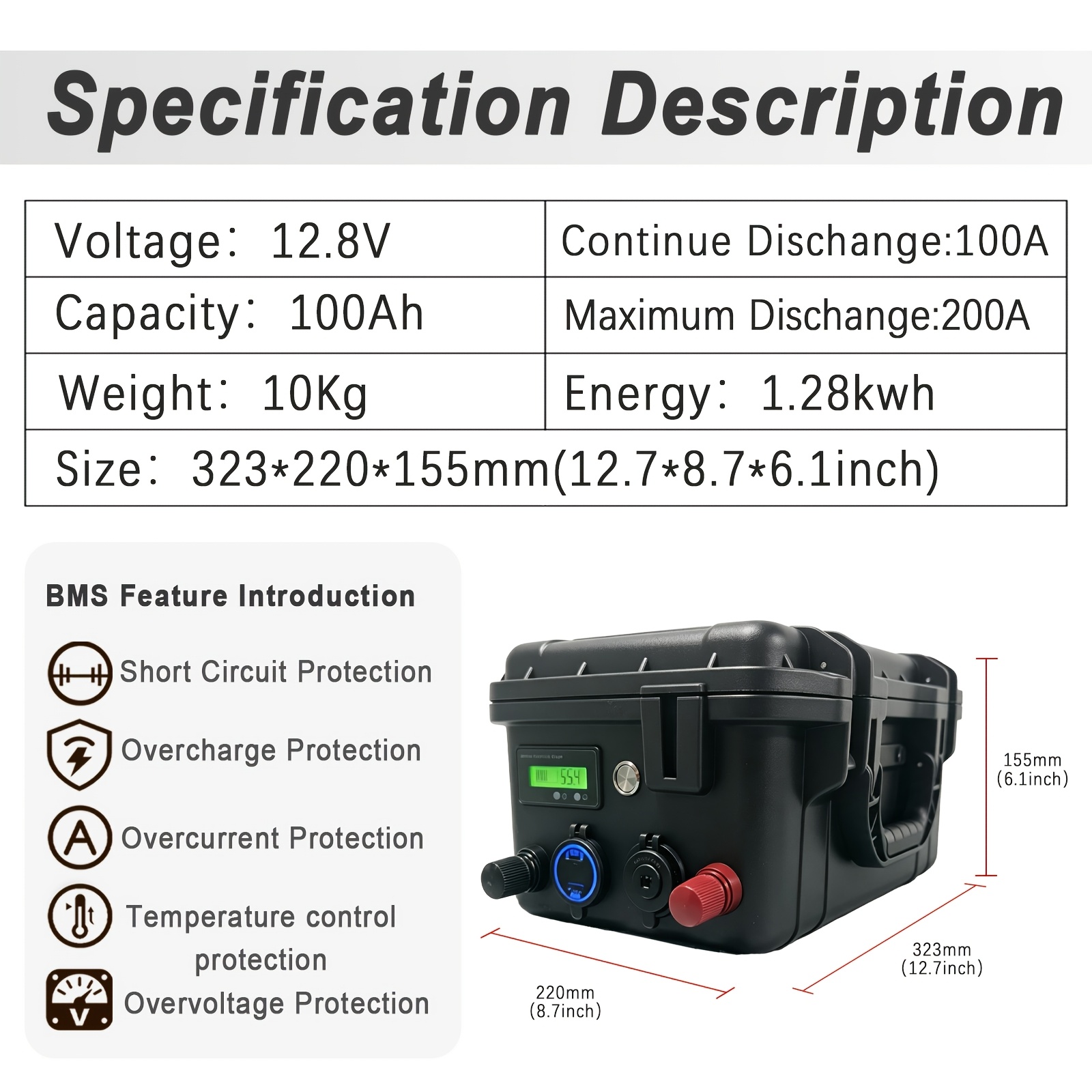 Image of Brand New Lifepo4 12.8v 100ah Portable Lithium Iron Phosphate Battery Pack For Boat/solar System/fishing/kayak/ups