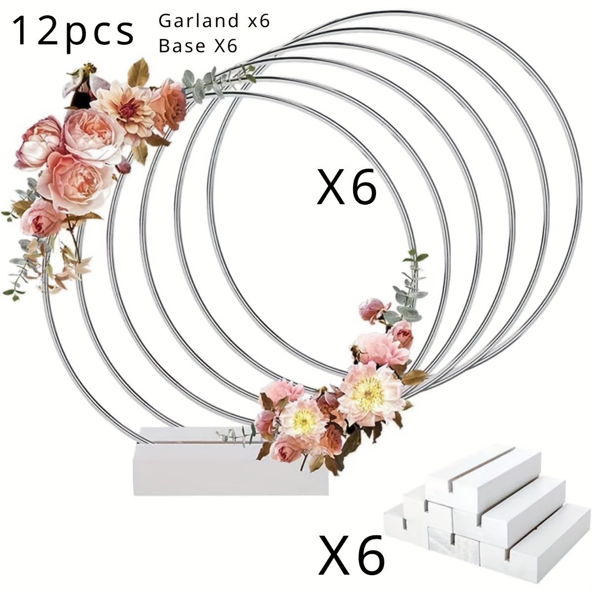 

12pcs Metal Floral Hoop Centerpiece For Table, Silvery Wreath Ring With White Holder Stands, Floral Hoop Macrame For Diy Home Decorations And Wedding Table Decor