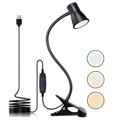 . 360° flexibler clip-on-nachtlicht, usb-betriebene klemm-tischlampe, 3-farben-einstellung, dimmbar, leselampe für bett, nachttisch, innenbereich, arbeiten, lernen, handwerk (batterie nicht enthalten)