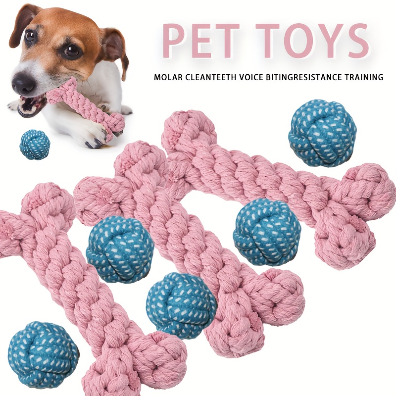 TEMU 2pcs Bone Shaped Durable Woven Pet Chewing Toy, A Teething Toy For Dogs, A Fun Braided Knot Rope Chewing Toy For Dogs, And Additionally, A Blue Small Ball Woven Toy.