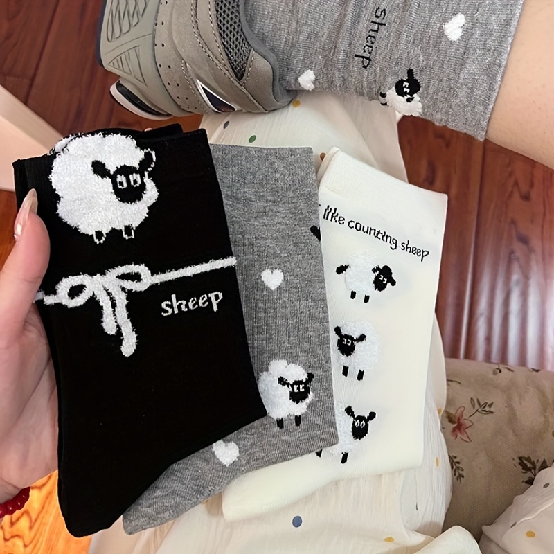 

Women's Cute Sheep Cartoon Pattern Socks, 4 Pairs, Polyester 85%, Spandex 15%, Hand Washable, Animal Knit Fabric Short Socks For All Seasons