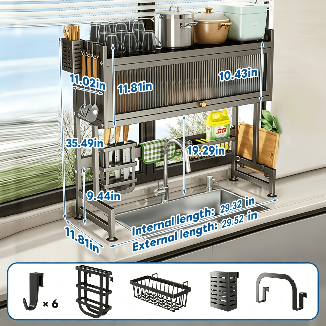 Over The Sink Dish Drainer Drying Rack 3 Tier Over Sink Dish Rack For A Tidy Kitchen Sink Shelf - Dish Rack With Cover For Dishes, Glasses, Bowls, And Cutlery, Length 29.52in/37.4in/41.33in/49.21in