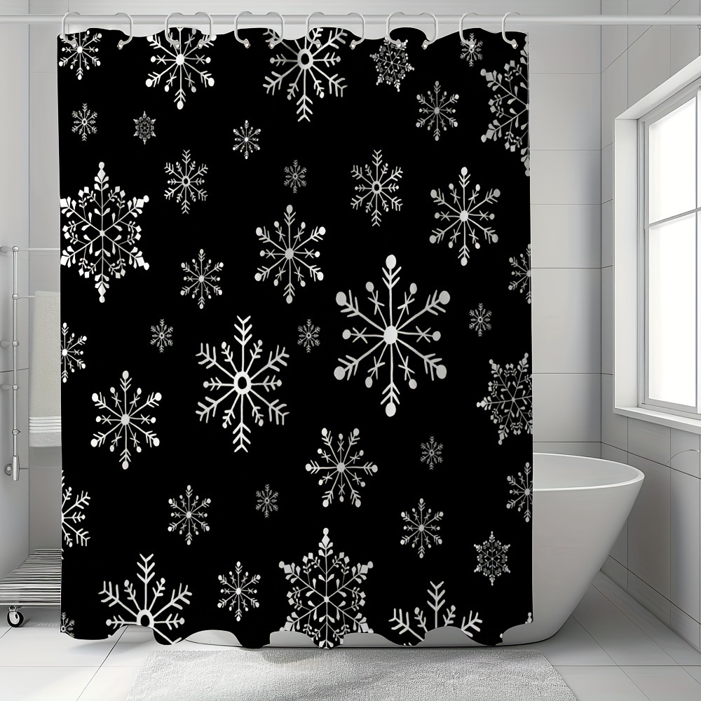 

Christmas Snowflake Shower Curtain - Machine Washable, Satin Weave Polyester, Water-resistant, Includes 12 Hooks, Unlined, All-season Holiday Decor With Ripple Fold Top Style - Black Snowflake Pattern