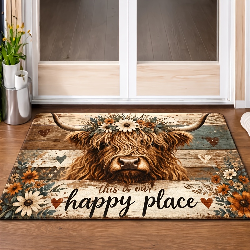 TEMU Doormat, 1pc 2d Flat Printing Flannel Material Door Mat, Outdoor Courtyard Door Mat, Vintage Floral Highland Cow "this Is Our Happy " Floor Mat,