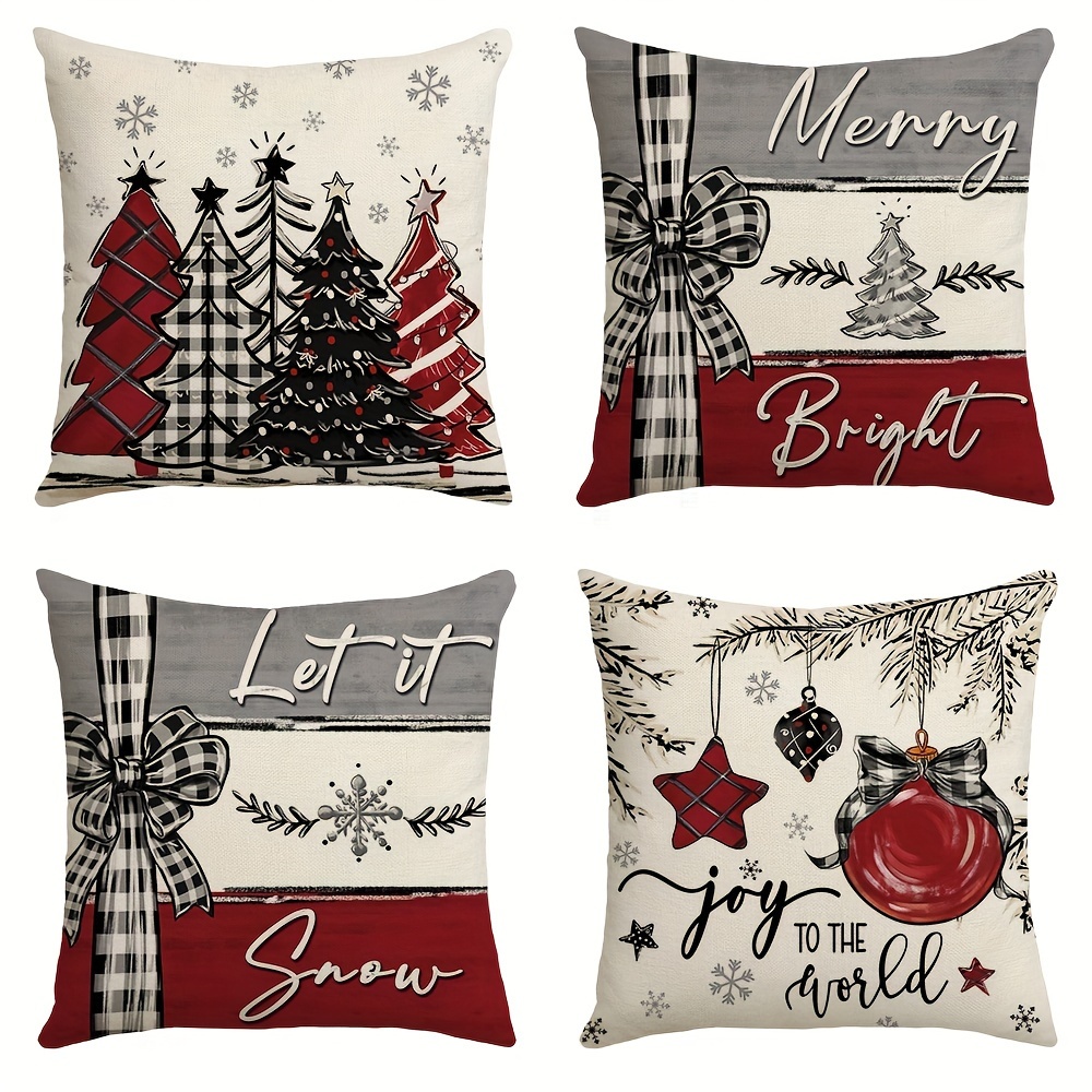 Set Of 4 Christmas-themed Pillow Covers, Each Measuring 18 X 18 Inches, Featuring A Winter Farmhouse Design With A Xmas Tree, Perfect For Decorating Your For Home Couch During The