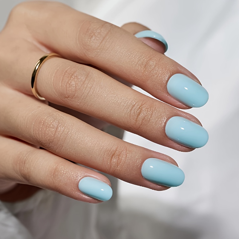 TEMU 24pcs Sky Press-on Nails - Short, Glossy Solid Color Fake Nails With Jelly Glue & Nail File For Easy Application, Perfect For Summer Freshness,