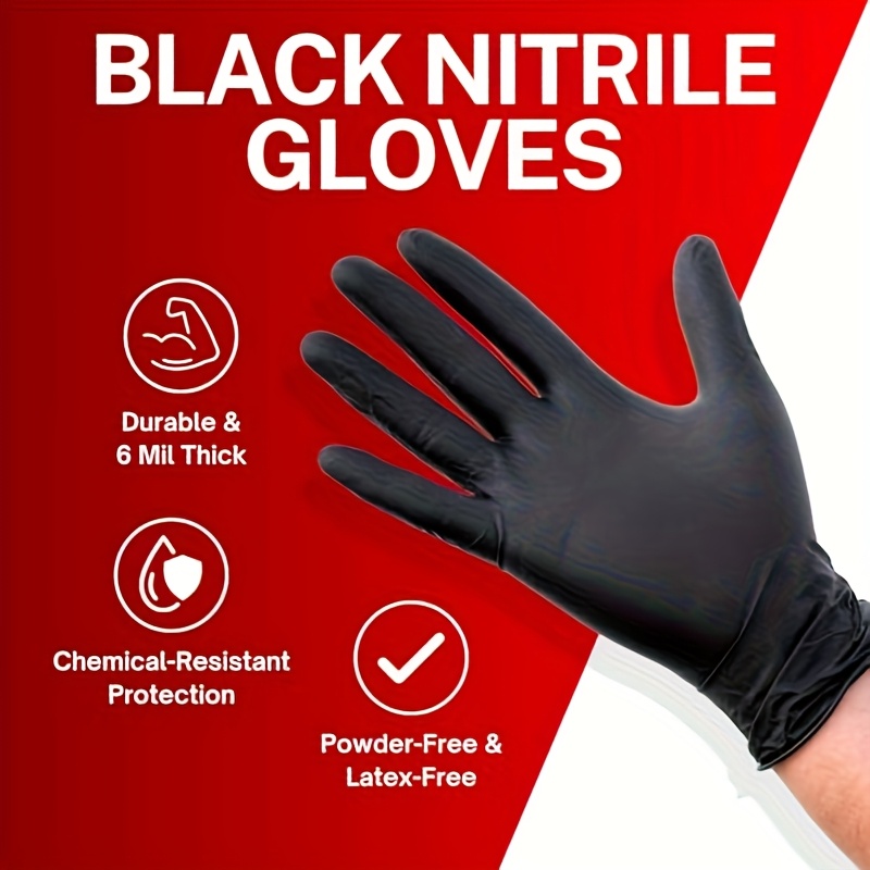 black nitrile disposable gloves 6 mil thickness   packaging flexible and form fitting chemical protection   latex free maintenance team use Product details 0