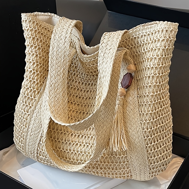 TEMU Women's Fashion Casual Tote Bag, Body Made Of Paper Straw Or Similar Plant Fiber , Presenting Breathable Hollow Texture, Light , Self-contained
