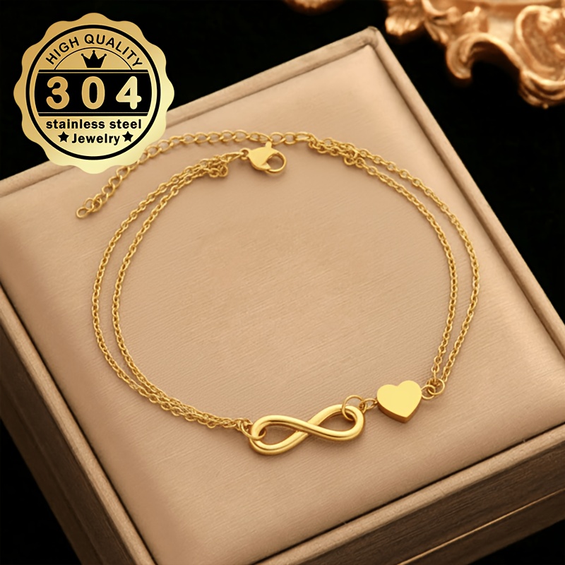 Women's Golden Love Heart Stainless Steel Anklet, Versatile Design
