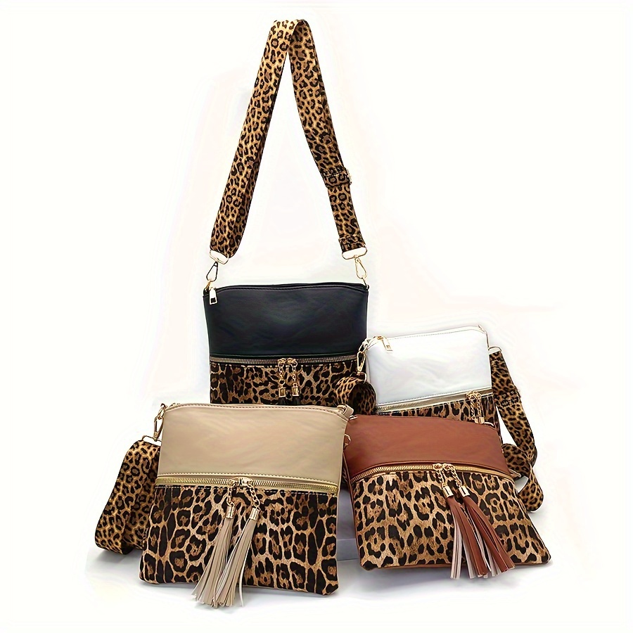 

Pochettes à bandoulière fines à pompon imprimé léopard, matériau PU, avec sangle réglable, sacs à main élégants à la mode pour femmes