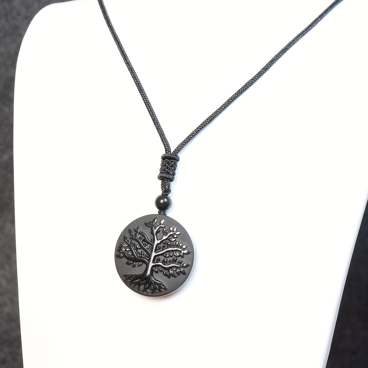 Obsidian Men's Frosted Tree of Life Pendant Necklace