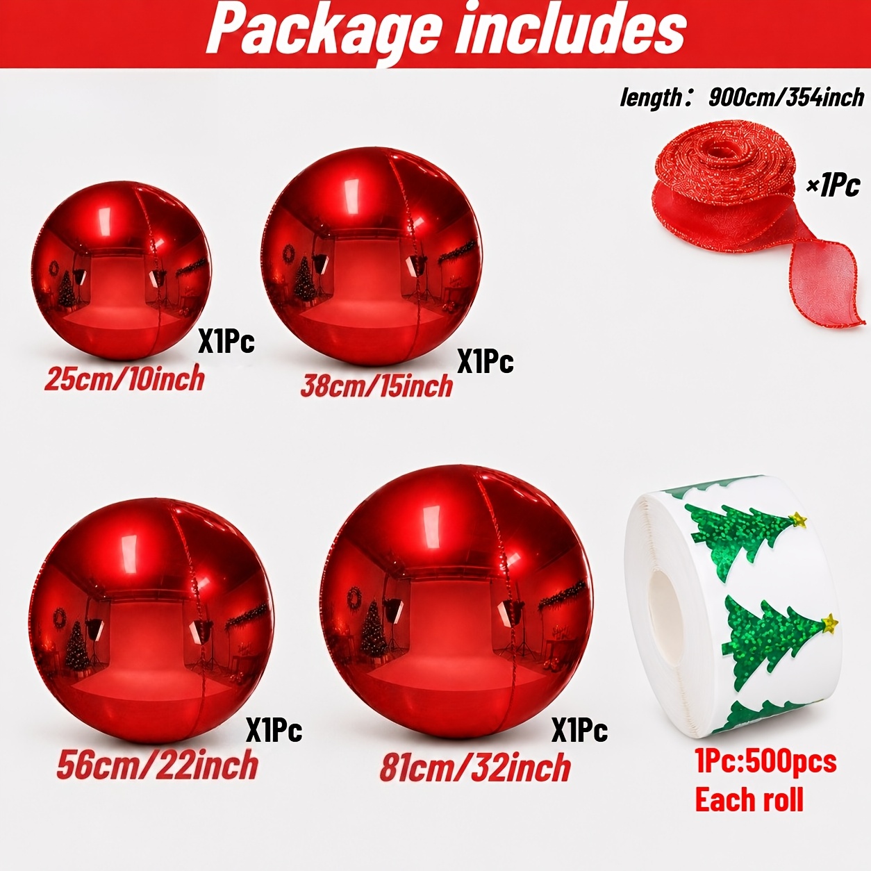 TEMU Photography Props 6pcs Set Of Red Foil Balloons, 1pc With Christmas Tree Sticker And 1pc Red Ribbon, Suitable For Christmas, Wedding, Birthday,